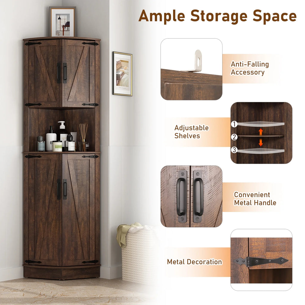 Chvans Farmhouse 68" Tall Corner Cabinet W/4 Barn Doors, 5 Tier Bookcase Storage Cabinet with Adjustable Shelves, Corner Storage Cabinet for Bathroom, Living Room, Kitchen, Brown