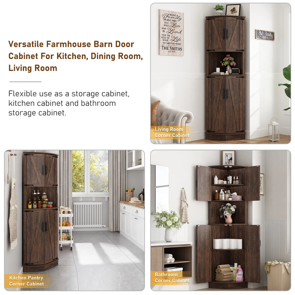 Chvans Farmhouse 68" Tall Corner Cabinet W/4 Barn Doors, 5 Tier Bookcase Storage Cabinet with Adjustable Shelves, Corner Storage Cabinet for Bathroom, Living Room, Kitchen, Brown