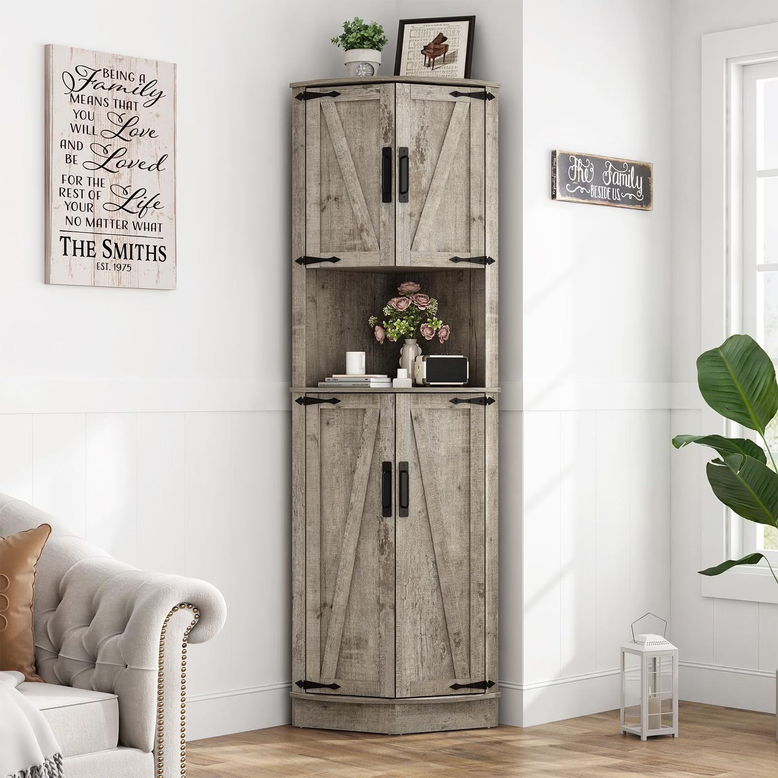 Chvans Farmhouse 68" Tall Corner Cabinet W/4 Barn Doors, 5 Tier Bookcase Storage Cabinet with Adjustable Shelves, Corner Storage Cabinet for Bathroom, Living Room, Kitchen, Brown