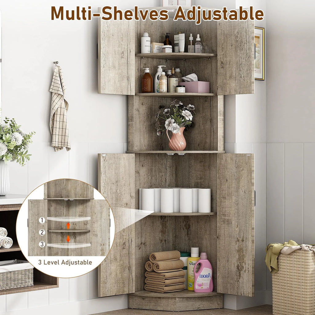 Chvans Farmhouse 68" Tall Corner Cabinet W/4 Barn Doors, 5 Tier Bookcase Storage Cabinet with Adjustable Shelves, Corner Storage Cabinet for Bathroom, Living Room, Kitchen, Brown