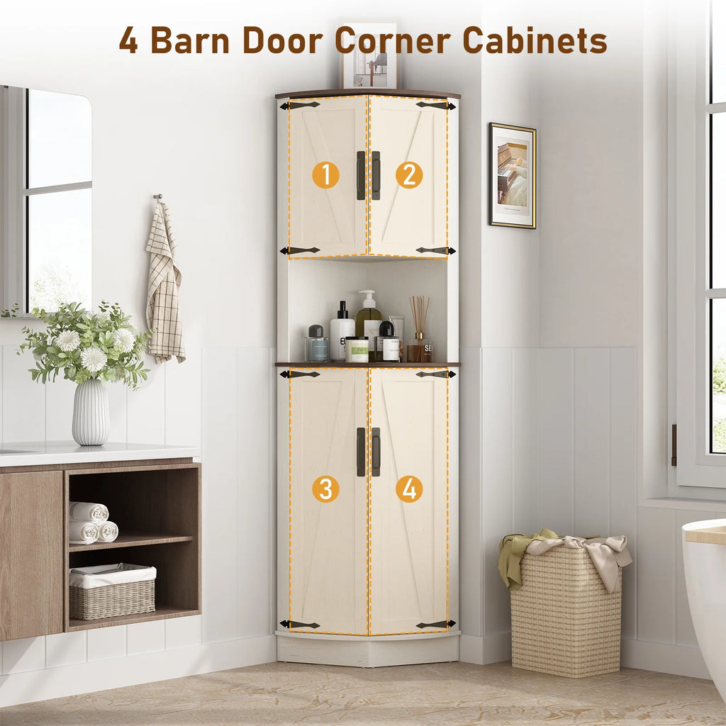 Chvans Farmhouse 68" Tall Corner Cabinet W/4 Barn Doors, 5 Tier Bookcase Storage Cabinet with Adjustable Shelves, Corner Storage Cabinet for Bathroom, Living Room, Kitchen, Brown